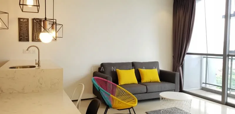 Living features: grey fabric sofa, 2 yellow throw pillows, pendant lighting with geometric design, white walls, floor-to-ceiling windows, curtains in dark brown, light-colored flooring, open-plan layout with kitchen, decorative wall art, colorful accent chair; style: modern; view: city. Kitchen features: marble countertop, single-bowl stainless-steel sink, kitchen island, modern cabinetry, pendant lighting, open shelving; style: modern.
