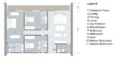 Floor plan: 3-bedroom 2-bathroom unit; features: open-plan kitchen-dining-living, master bedroom with ensuite bathroom, bedroom 2 with shared bathroom, utility room, balcony off living room, central foyer.