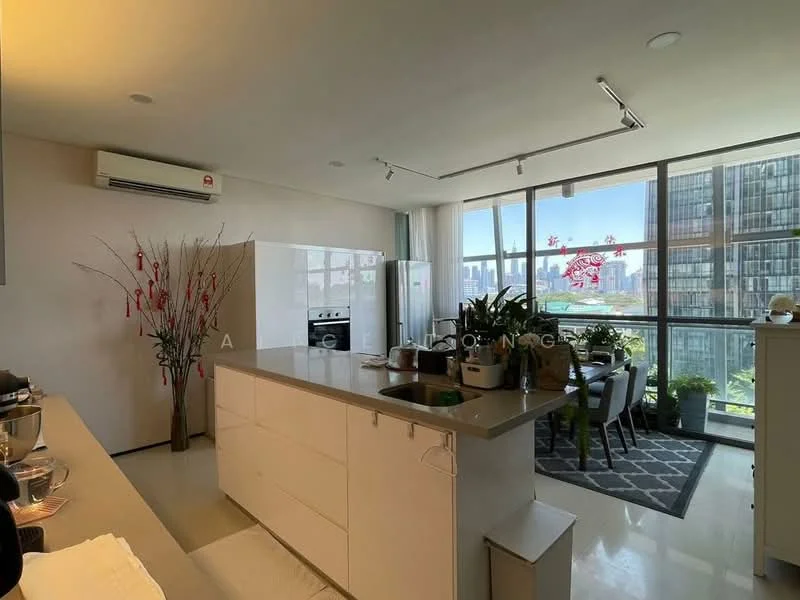 Kitchen features: white cabinetry, marble countertop, single-bowl stainless-steel sink, chrome pull-down faucet, built-in oven, freestanding range oven, stainless-steel refrigerator, 2-blade ceiling fan, recessed downlights, open shelving, decorative plants, dining table with chairs, floor-to-ceiling windows, city view; style: modern; view: city.