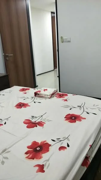 Bedroom features: queen-size bed with floral bedding, wooden bedside table, white painted walls, laminate flooring, built-in wardrobe with sliding doors, door leading to hallway, decorative pillows, stack of books on bed; style: modern.