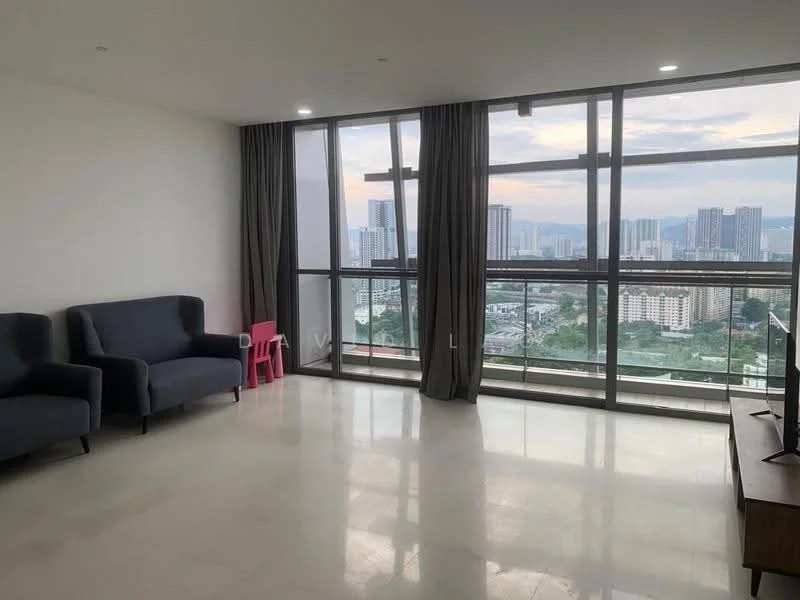 Living features: floor-to-ceiling windows, grey fabric 3-seater sofa, grey fabric 2-seater sofa, light-coloured tile flooring, curtains, TV console, city skyline view, decorative pink chair; style: modern; view: city.