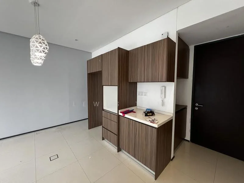 Room features: light wood cabinetry, white countertop, built-in storage, single-basin sink, wall-mounted phone, pendant light fixture, grey painted wall, floor tiles, door with modern handle; style: modern.