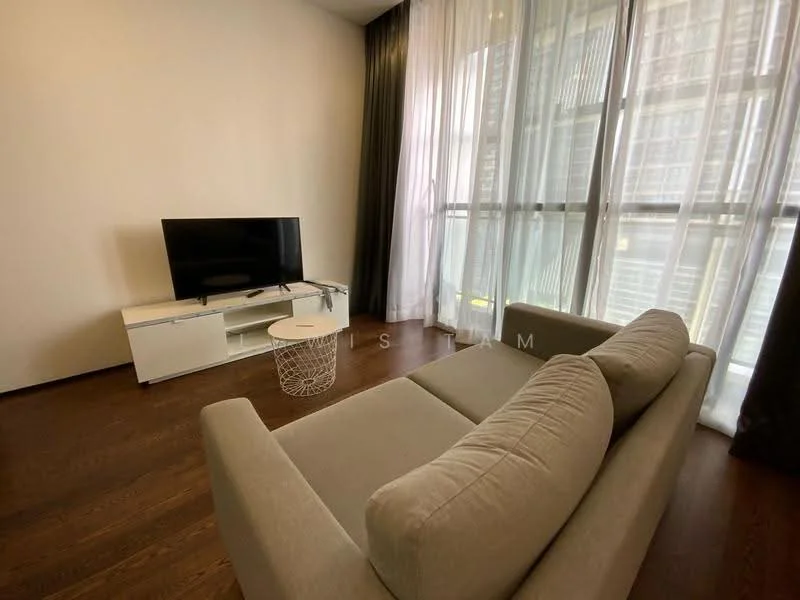 Living features: 3-seater fabric sofa in grey, white coffee table, wall-mounted TV, TV console in white, floor-to-ceiling windows, sheer curtains, dark brown wooden flooring, recessed downlights; style: modern; view: city.
