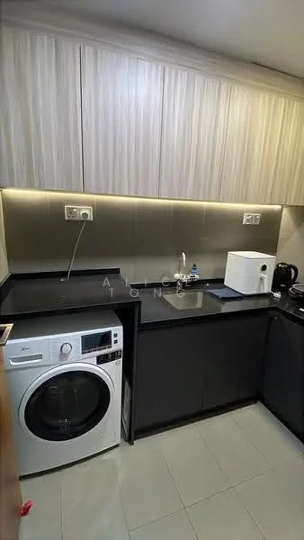Kitchen features: black countertop, white cabinetry with wood finish, single-bowl stainless-steel sink, chrome pull-down faucet, built-in washing machine, white microwave, recessed LED downlights, tile flooring, grey backsplash; style: modern.