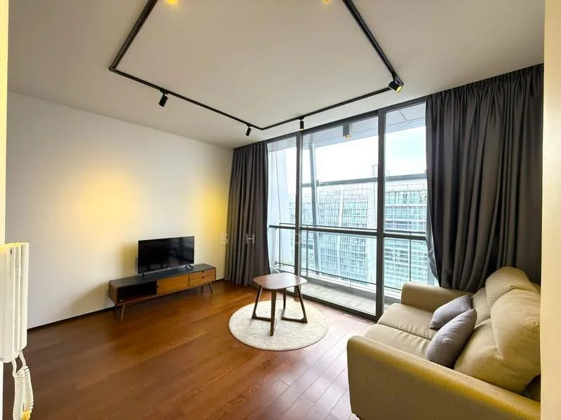 Living features: light wood flooring, white painted walls, floor-to-ceiling windows, grey curtains, 3-seater fabric sofa in beige, wooden coffee table, TV console, wall-mounted TV, recessed LED downlights, area rug; style: modern; view: city.