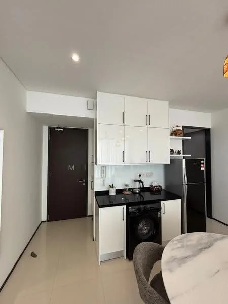 Kitchen features: white cabinetry with flat-panel doors, black granite countertop, single-bowl stainless-steel sink, chrome pull-down faucet, built-in washing machine, stainless-steel fridge, recessed downlights, tile flooring, open layout, wall-mounted cabinet, kitchen island with seating; style: modern.