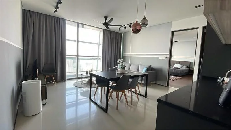 Living features: floor-to-ceiling windows, grey curtains, 5-blade ceiling fan with light, black dining table, 4 dining chairs, area rug, sofa, decorative plants, wall-mounted TV, light-colored walls, polished concrete flooring; style: modern; view: city. Room features: dark wood door, bedroom visible in background.