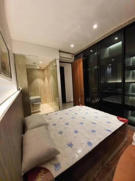 Bedroom features: queen-size bed with floral bedding, two pillows, wooden bed frame, built-in wardrobe with glass doors, recessed downlights, wall-mounted air conditioning unit, wooden flooring, neutral painted walls, sliding door to bathroom, decorative artwork on wall; style: modern.
