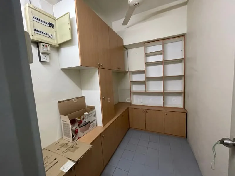 Laundry features: built-in cabinetry with wood finish, open shelving units, grey tiled flooring, ceiling fan, electrical panel on wall, corner storage area, cardboard boxes, neutral painted walls; style: modern.