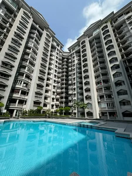 Exterior type: mid-rise condominium; features: swimming pool, pool deck, balconies on each unit, landscaped garden area, multiple storeys, glass railings, grey painted facade, symmetrical building design, outdoor seating area, surrounding greenery; style: modern.