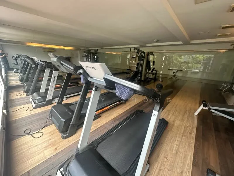Room features: treadmills, strength training machine, wooden flooring, mirrored walls, recessed lighting, large windows, exercise mats, fitness equipment, open layout; style: modern; view: garden.
