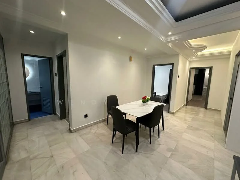 Dining features: marble flooring, white painted walls, tray ceiling with recessed lighting, 4-seater dining table, black dining chairs, decorative vase with flowers, wall-mounted light fixtures, doorway leading to hallway; style: modern. Hallway features: white painted walls, marble flooring, recessed lighting, doorways leading to other rooms, glass block wall section; style: modern.