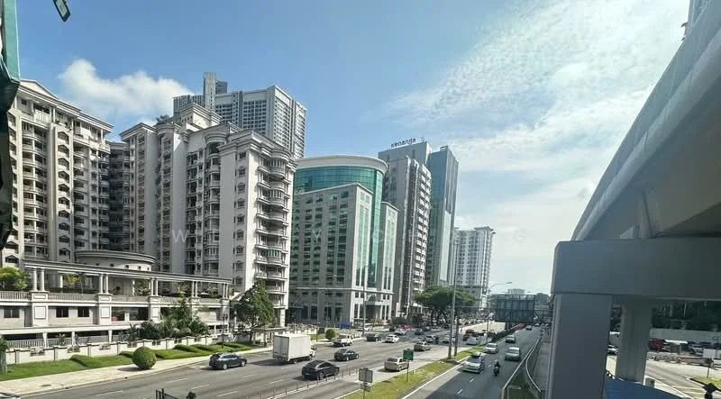 Exterior type: high-rise condominium; features: glass curtain wall, white painted facade, multiple-storey buildings, surrounded by urban landscape, roadway with traffic, sidewalk with greenery, adjacent to elevated highway; style: modern.