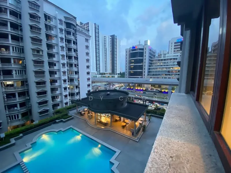 Exterior type: high-rise condominium; features: infinity pool, pool deck with loungers, landscaped garden, surrounded by urban skyline, multiple high-rise buildings in background, outdoor dining area, glass curtain wall on buildings, manicured lawn; style: modern.