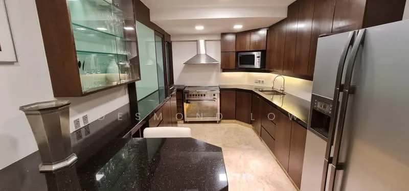 Kitchen features: black granite countertop, dark wood cabinetry, stainless-steel refrigerator, built-in microwave, stainless-steel range hood, freestanding gas range oven, glass display cabinets, under-cabinet lighting, marble tile flooring, single-bowl stainless-steel sink, chrome pull-down faucet, open shelving, recessed downlights; style: modern.
