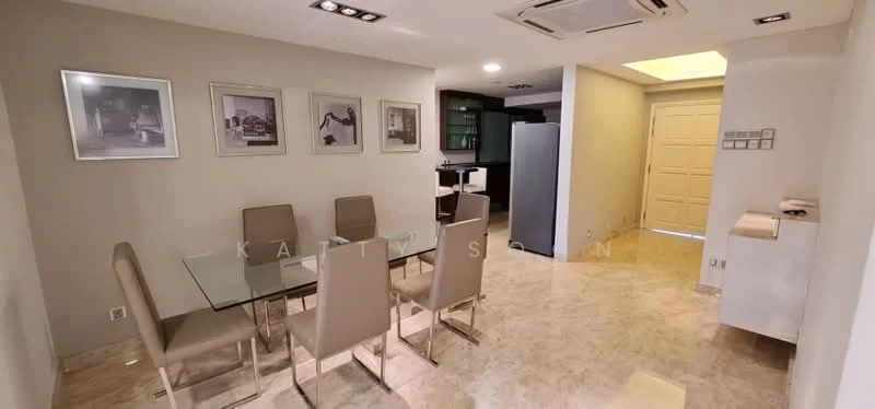 Dining features: glass dining table, 6 upholstered dining chairs, marble flooring, recessed downlights, framed artwork on walls, neutral wall color, open layout to kitchen, air conditioning unit; style: modern. Room features: white painted walls, doorway leading to kitchen, floor-to-ceiling refrigerator, light-colored cabinetry, ceiling with recessed lighting.