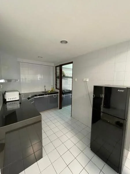Kitchen features: black granite countertop, white tiled backsplash, stainless-steel sink, chrome faucet, black refrigerator, white toaster, built-in cabinetry, ceramic tile flooring, recessed ceiling lights, window for natural light; style: modern.
