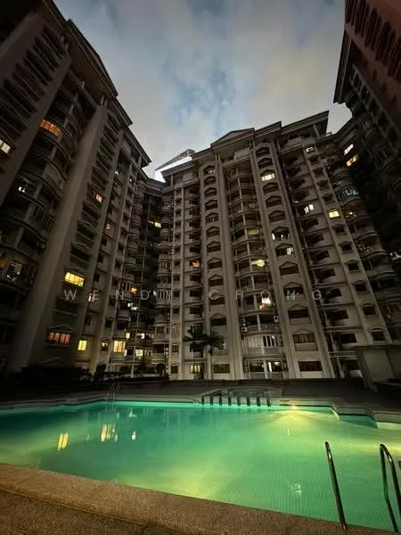 Exterior type: mid-rise condominium; features: glass curtain wall, recessed balconies, approximately 6-storey, infinity pool, pool deck with loungers, landscaped garden area, night lighting, surrounded by mature greenery; style: modern.