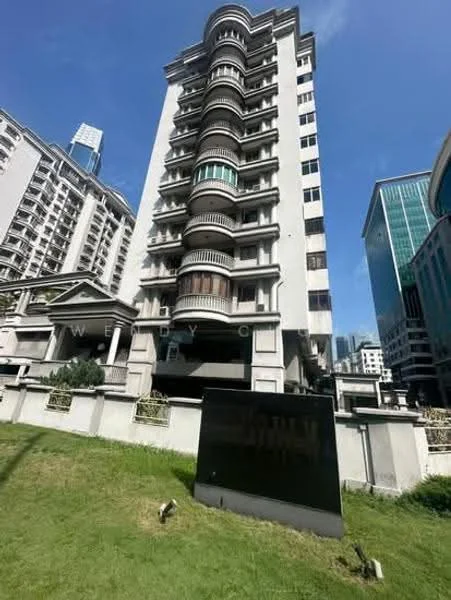 Exterior type: mid-rise condominium; features: white painted facade, glass curtain wall, recessed balconies, approximately 8-storey high-rise, manicured lawn, surrounded by urban landscape; style: modern.