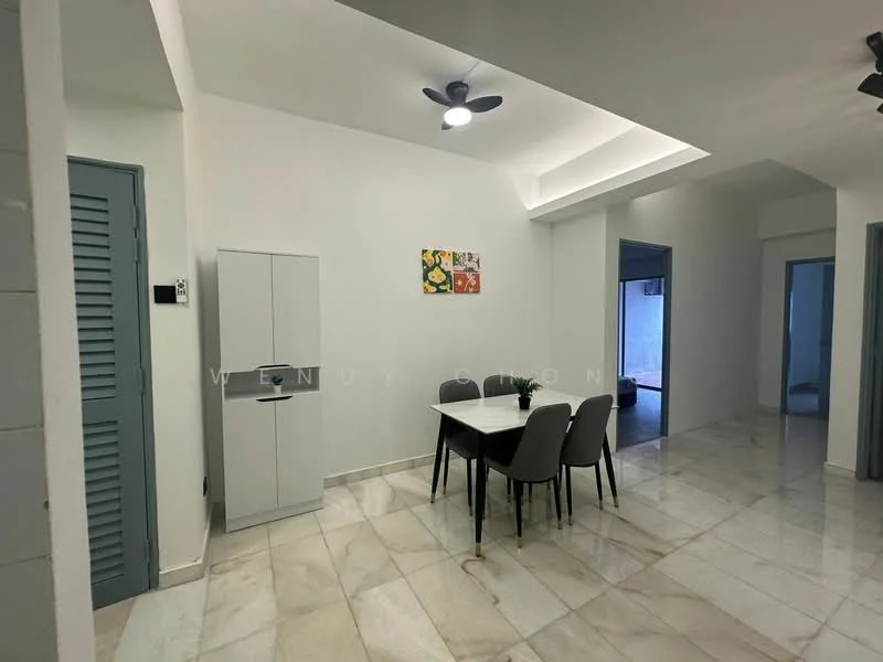 Dining features: marble tile flooring, white painted walls, 5-blade ceiling fan with light, dining table with 4 chairs, framed artwork on wall, built-in cabinet, sliding door to outdoor area, recessed ceiling lighting; style: modern. Room features: white painted walls, marble tile flooring, doorway leading to another room.