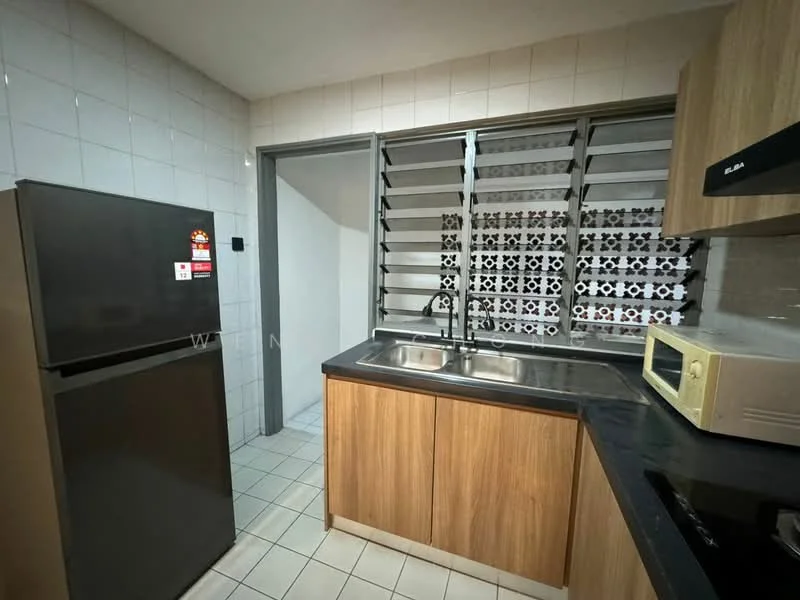 Kitchen features: black fridge, stainless-steel sink, chrome faucet, wood cabinetry, black countertop, built-in microwave, ceramic tile flooring, white tiled walls, sliding window with metal grilles, electric stove, exhaust hood; style: modern.