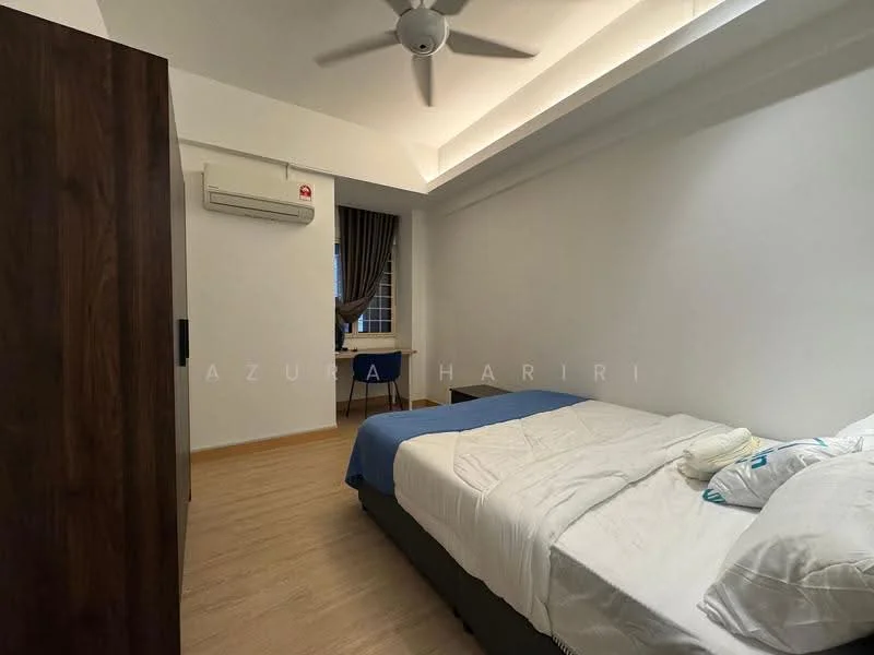 Bedroom features: queen-size bed, upholstered headboard, 2 bedside pillows, wooden wardrobe, 1 wall-mounted split AC, wooden flooring, white painted walls, curtains, desk with chair, window with view; style: modern.