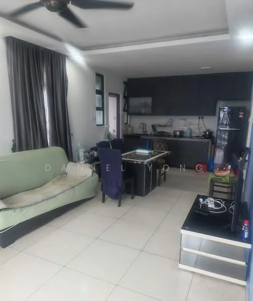 Living features: 3-seater fabric sofa in green, coffee table, TV console, wall-mounted TV, ceiling fan, tile flooring, grey curtains, open kitchen layout, kitchen cabinets in dark wood, stainless-steel fridge, kitchen countertop, sink, microwave, dining chairs; style: modern.