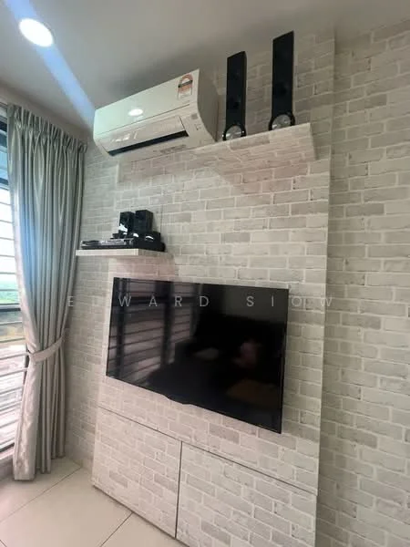 Living features: exposed brick accent wall, flat-screen TV mounted on wall, white cabinetry below TV, wall-mounted air conditioning unit, shelf with speakers, curtains in light fabric, tile flooring, decorative items on shelf; style: modern.