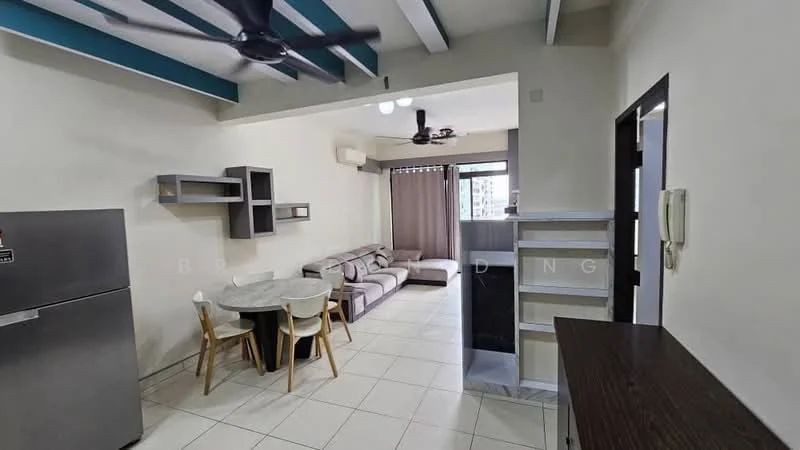 Living features: L-shape sectional sofa in grey, round dining table, 4 dining chairs, stainless-steel fridge, wall-mounted TV, ceiling fan with light, recessed downlights, white painted walls, tile flooring, curtains, open shelving unit, built-in cabinet; style: modern; view: city.