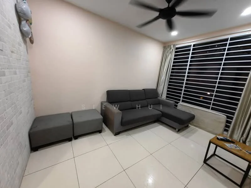 Living features: L-shape sectional sofa in grey, 2-seater ottoman, coffee table, white painted walls, exposed brick accent wall, large sliding windows, sheer curtains, ceiling fan with light, tile flooring, decorative wall art; style: modern; view: city.