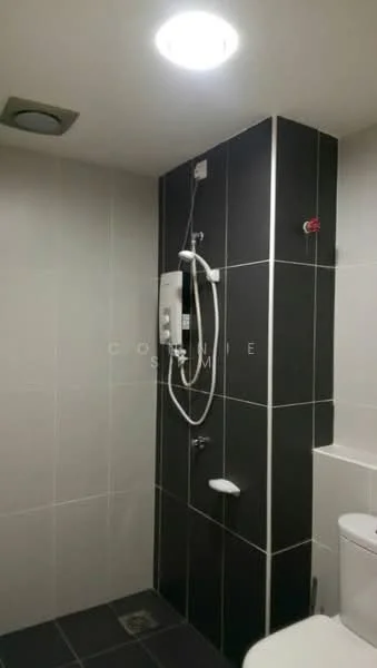 Bathroom features: black and white tiled walls, shower with wall-mounted showerhead, built-in shower niche, toilet, ceiling light, white ceramic toilet, chrome shower controls, drain in floor; style: modern.