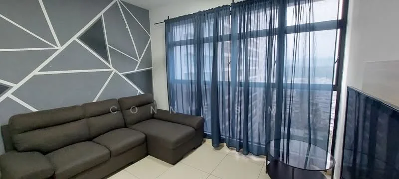 Living features: grey accent wall with geometric pattern, floor-to-ceiling windows, sheer blue curtains, 3-seater fabric sofa in dark grey, glass side table, tile flooring, wall-mounted TV, decorative wall panel; style: modern; view: city.