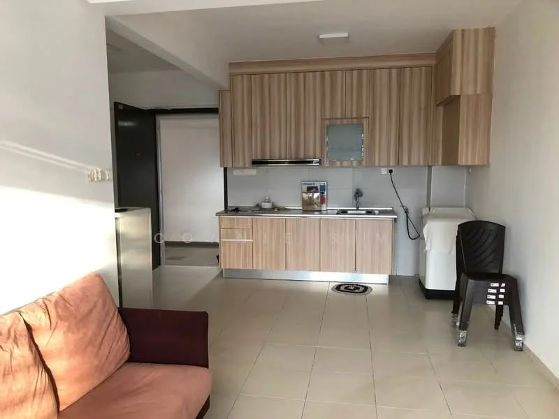 Kitchen features: light wood cabinetry, stainless-steel sink, chrome pull-down faucet, built-in stove, microwave, refrigerator, tile backsplash, countertop with space for appliances, cream tiled flooring, window for natural light, open layout, seating area with sofa; style: modern.