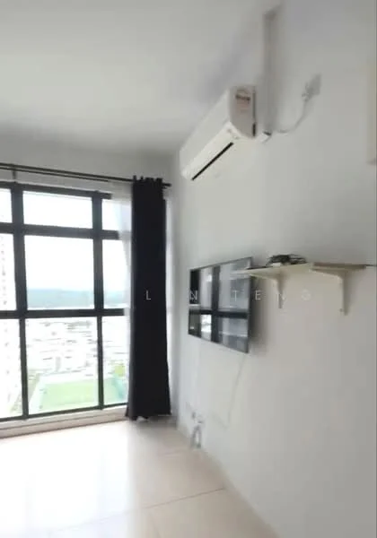 Living features: floor-to-ceiling windows, blackout curtains, wall-mounted TV, shelf under TV, 1 wall-mounted split AC, cream painted walls, light-colored tile flooring, city view; style: modern; view: city.