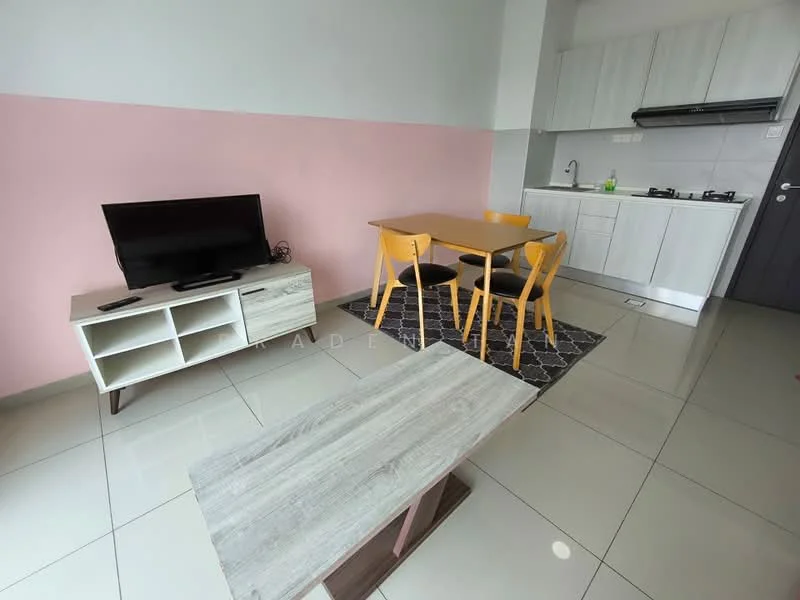 Living features: grey wall with pink accent wall, glossy tile flooring, wall-mounted TV, TV console with storage, rectangular coffee table, 4-seater dining table, yellow dining chairs, kitchen area with cabinets, stainless-steel sink, gas stove, kitchen cabinets; style: modern.