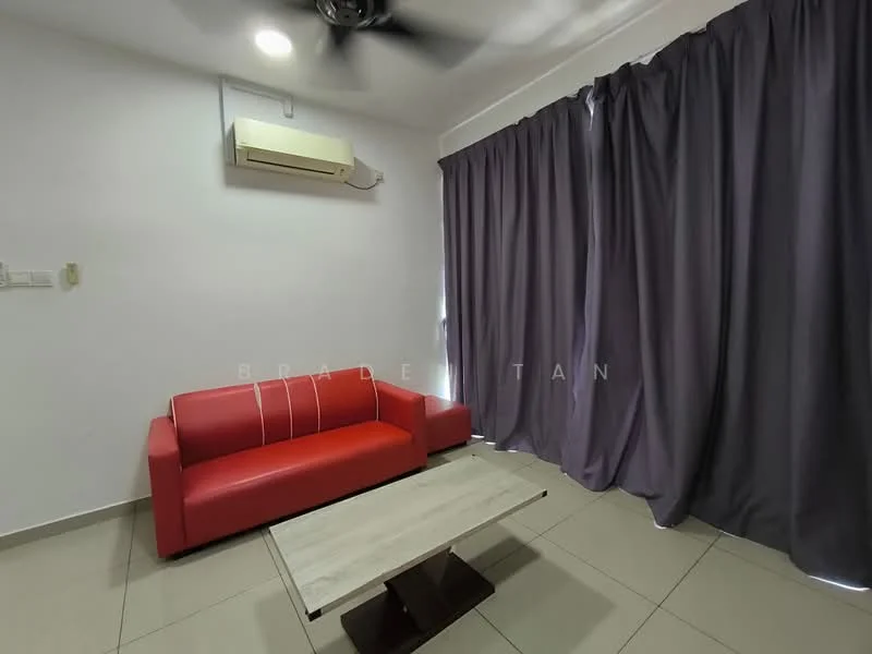 Living features: red fabric sofa, coffee table, wall-mounted split AC, grey curtains, tiled flooring, ceiling fan, white painted walls, natural light from window; style: modern.