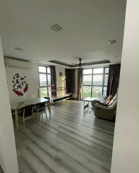 Living features: light grey laminate flooring, white painted walls, ceiling fan with integrated LED light, floor-to-ceiling windows, sheer curtains, recessed downlights, dining table with four chairs, sofa, decorative wall art, TV console, area rug; style: modern; view: garden.