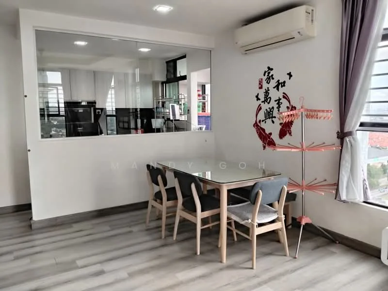 Dining features: dining table with four chairs, wooden dining table, grey upholstered dining chairs, large window with city view, air conditioning unit on wall, decorative wall art with Chinese characters, laminate flooring, recessed ceiling lights; style: modern; view: city. Kitchen features: open kitchen layout, glass partition separating kitchen and dining, white cabinetry, stainless-steel appliances, countertop with bar seating; style: modern.
