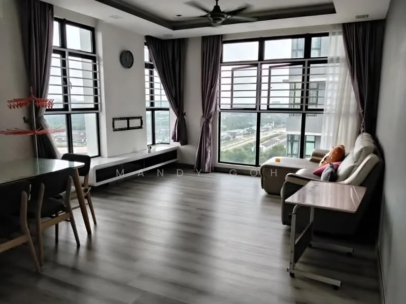 Living features: grey laminate flooring, white painted walls, floor-to-ceiling windows, black window frames, ceiling fan, sofa in beige, coffee table, TV console, decorative cushions, dining table with 4 chairs, wall-mounted TV, curtains in dark grey; style: modern; view: city.