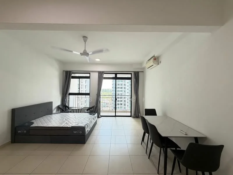 Room features: queen-size bed with mattress, 5-blade ceiling fan, floor-to-ceiling windows, sliding glass door, grey curtains, white painted walls, tile flooring, air conditioning unit, dining table for 4, black dining chairs; style: modern; view: city.