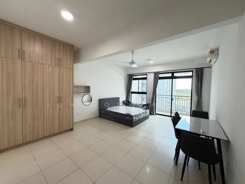 Room features: light-colored tiled flooring, white painted walls, ceiling fan, floor-to-ceiling windows, black bed frame with mattress, built-in wardrobe with wooden finish, small wall-mounted shelf, dining table for two with black chairs, curtains, air conditioning unit; style: modern; view: city.