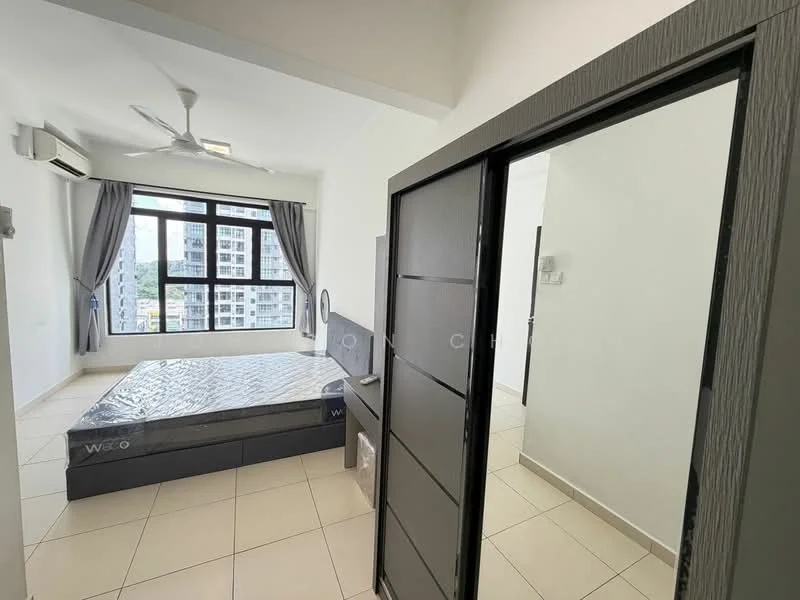 Bedroom features: queen-size bed, 5-blade ceiling fan, floor-to-ceiling windows, grey curtains, white painted walls, tile flooring, built-in wardrobe, air conditioning unit; style: modern; view: city. Room features: door with modern handle, white painted walls, tile flooring.