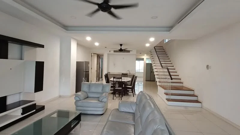 Living features: 3-seater leather sofa in light grey, coffee table with glass top, TV console with storage, wall-mounted TV, ceiling fan with light, recessed downlights, white painted walls, tile flooring, open layout to dining area, large windows for natural light; style: modern. Dining features: 6-seater wooden dining table, upholstered dining chairs, pendant light above dining table, open layout to living area, white painted walls, tile flooring; style: modern. Kitchen features: stainless-steel fridge, built-in cabinets, tile backsplash, open layout to dining area, white painted walls, tile flooring; style: modern. Hallway features: staircase with wooden steps, white painted walls, tile flooring, recessed downlights; style: modern.