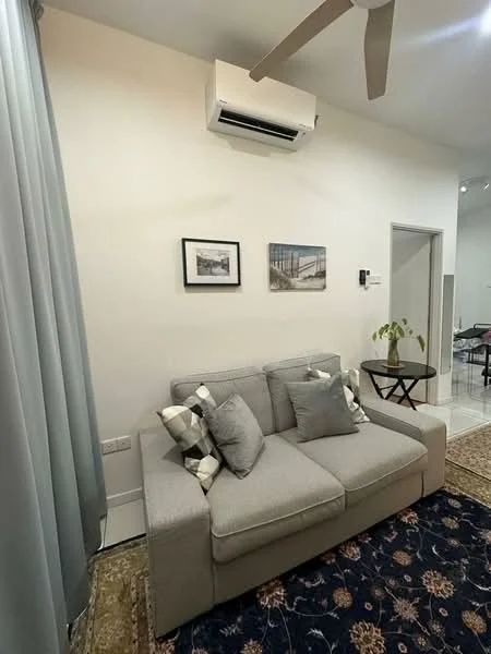 Living features: 3-seater fabric sofa in grey, decorative cushions, area rug with floral pattern, wall-mounted split AC, recessed downlights, curtains in light grey, framed artwork on walls, small round dining table, wooden dining chair; style: modern.