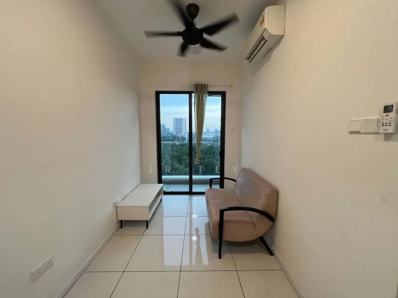 Room features: white painted walls, glossy tile flooring, 5-blade ceiling fan, floor-to-ceiling windows, sliding glass door, curtains, air conditioning unit, sofa, coffee table; style: modern; view: city.