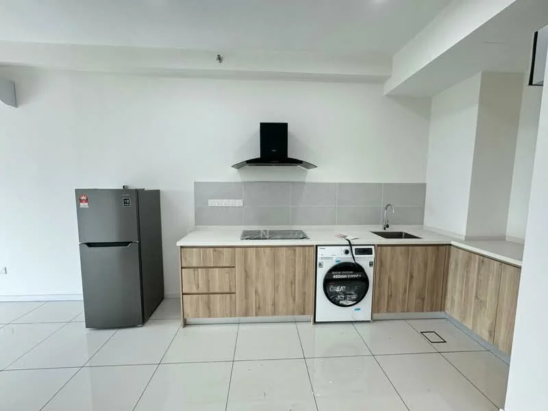Kitchen features: grey fridge, built-in oven, stainless-steel sink, chrome pull-down faucet, white countertop, wood cabinetry, ceramic tile flooring, exhaust hood, washing machine, grey backsplash, wall-mounted split AC; style: modern.