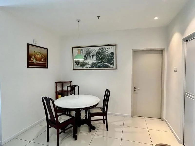 Dining features: round dining table, 4 dining chairs, white walls, tile flooring, pendant light fixture, framed artwork on wall, wooden side table, door leading to another room; style: modern.