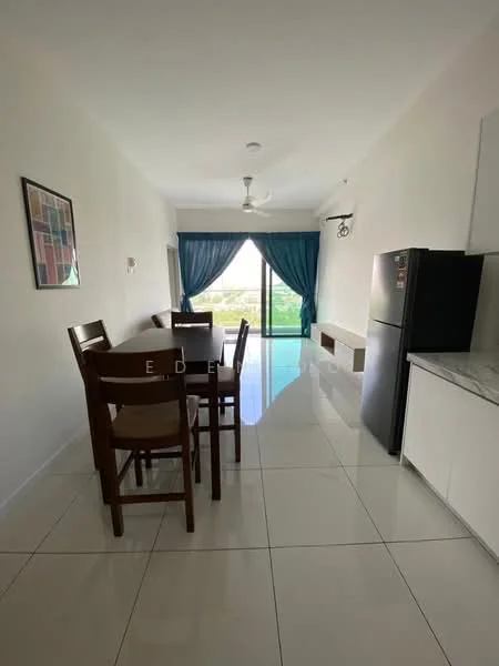 Dining features: dining table with four chairs, floor-to-ceiling windows, sliding glass door, white walls, white ceiling, recessed downlights, marble countertop, black refrigerator, light-colored cabinetry, ceramic tile flooring, blue curtains, ceiling fan; style: modern; view: garden.