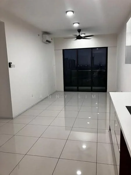 Living features: white painted walls, glossy ceramic tile flooring, 5-blade ceiling fan with light, floor-to-ceiling windows, sliding glass door, air conditioning unit, recessed downlights; style: modern; view: city.