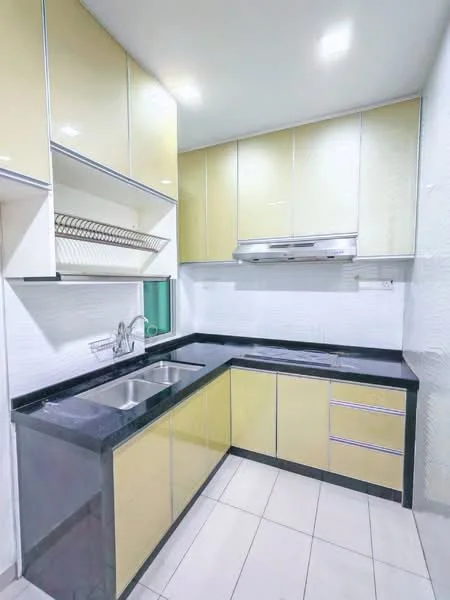 Kitchen features: yellow cabinetry, black granite countertop, double-bowl stainless-steel sink, chrome pull-down faucet, built-in range hood, wall-mounted shelving, white tiled backsplash, ceramic tile flooring, recessed LED downlights; style: modern.